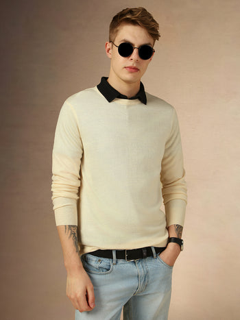 Men's Off White Crew Neck Full Sleeves Slim Fit Pullover Sweater