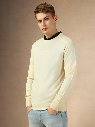 Men's Off White Crew Neck Full Sleeves Slim Fit Pullover Sweater