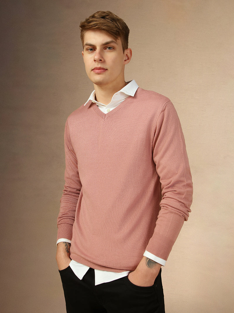 Men's Dusty Pink V-Neck Full Sleeves Slim Fit Pullover Sweater