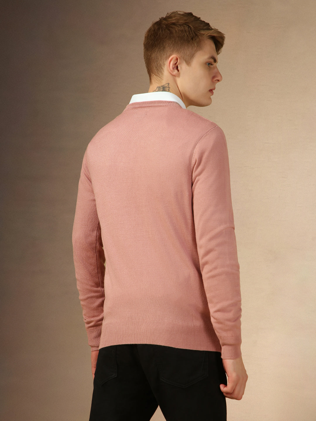 Men's Dusty Pink V-Neck Full Sleeves Slim Fit Pullover Sweater