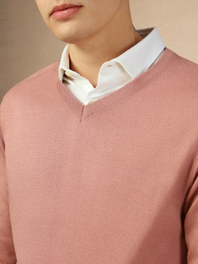 Men's Dusty Pink V-Neck Full Sleeves Slim Fit Pullover Sweater