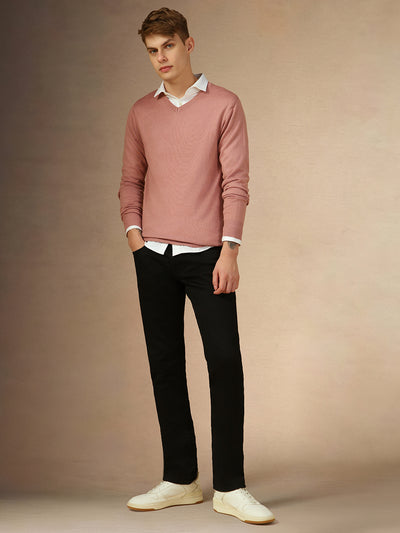 Men's Dusty Pink V-Neck Full Sleeves Slim Fit Pullover Sweater