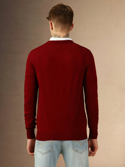 Men's Maroon V-Neck Full Sleeves Slim Fit Pullover Sweater