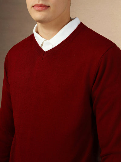 Men's Maroon V-Neck Full Sleeves Slim Fit Pullover Sweater