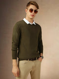 Men's Olive V-Neck Full Sleeves Slim Fit Pullover Sweater