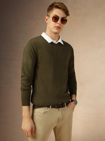 Men's Olive V-Neck Full Sleeves Slim Fit Pullover Sweater