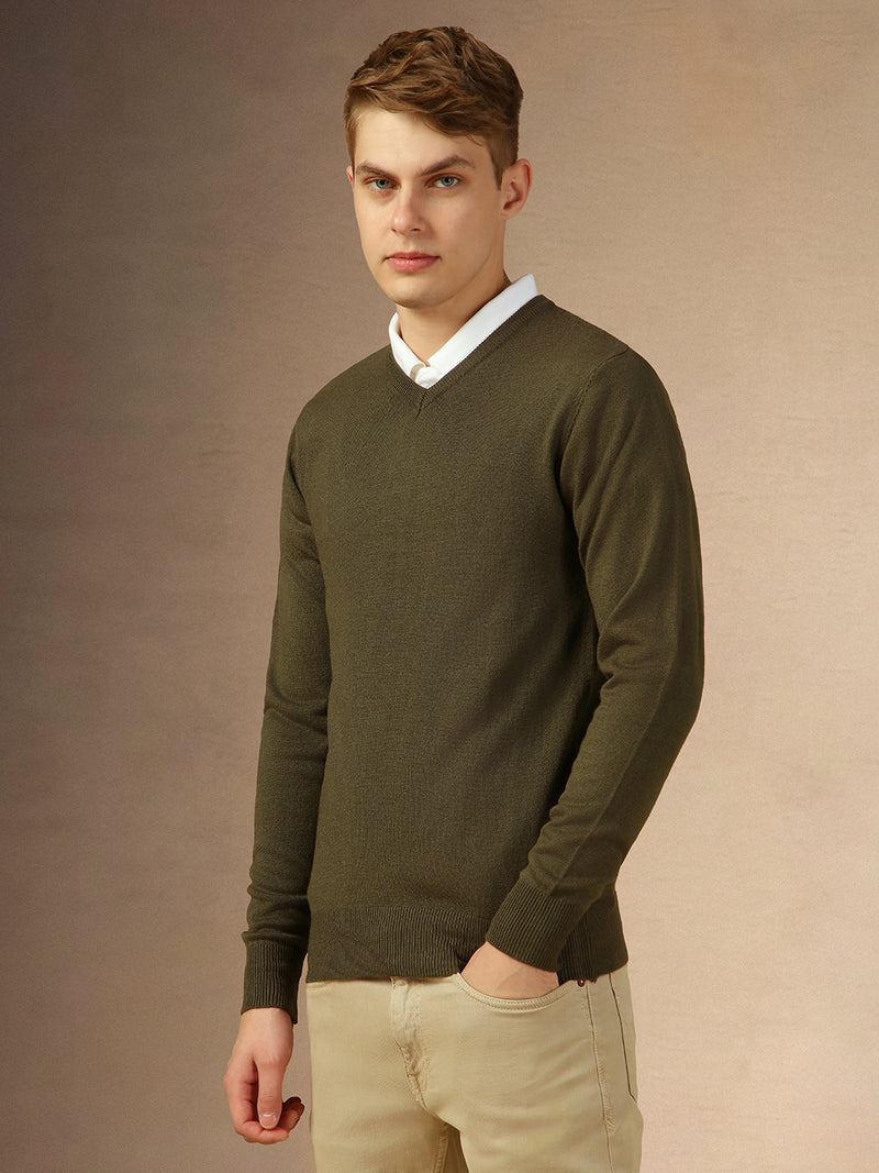 Men's Olive V-Neck Full Sleeves Slim Fit Pullover Sweater