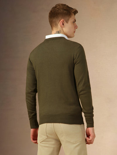 Men's Olive V-Neck Full Sleeves Slim Fit Pullover Sweater