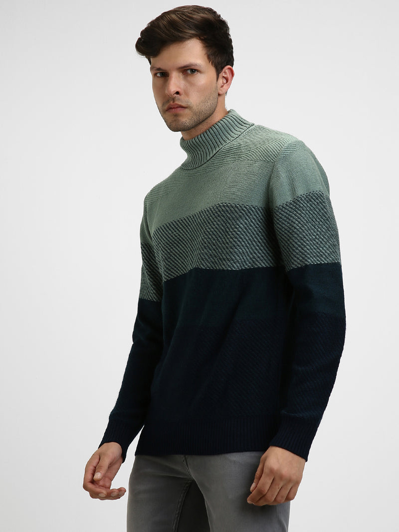 Men's Colourblocked Turtle Neck Long Sleeves Acrylic Pullover Sweater