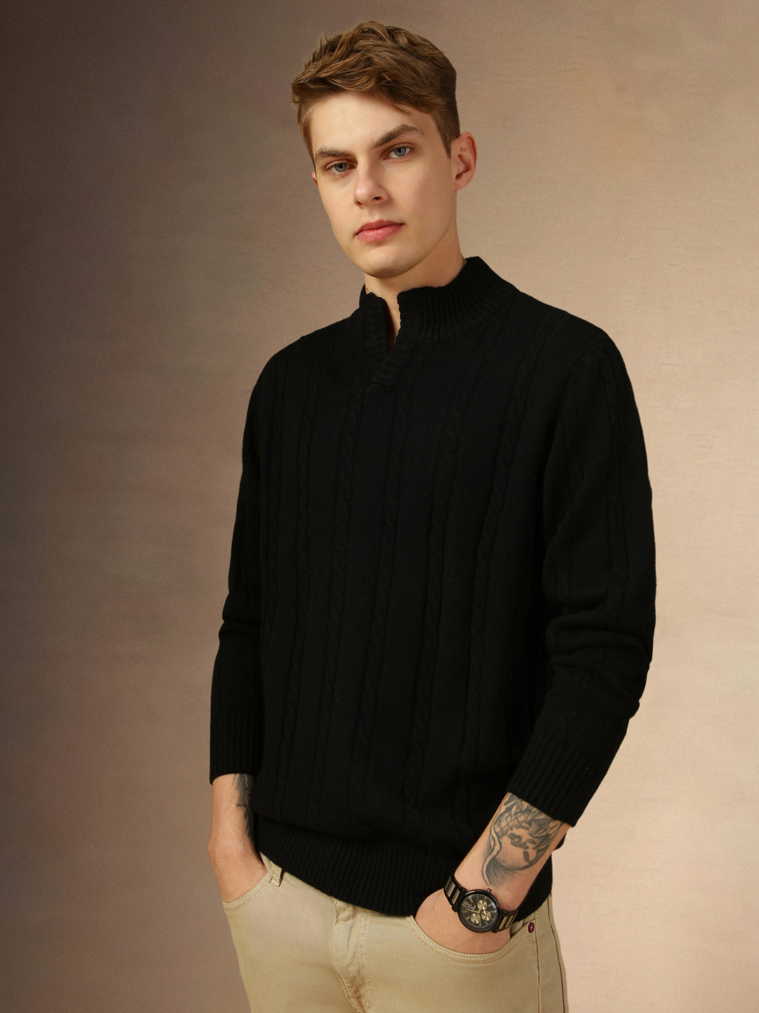 Men s Black Mock Neck Full Sleeves Slim Fit Pullover Sweater DENNIS LINGO