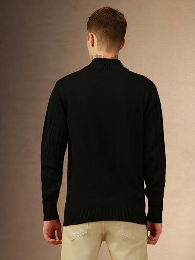 Men's Black Mock Neck Full Sleeves Slim Fit Pullover Sweater