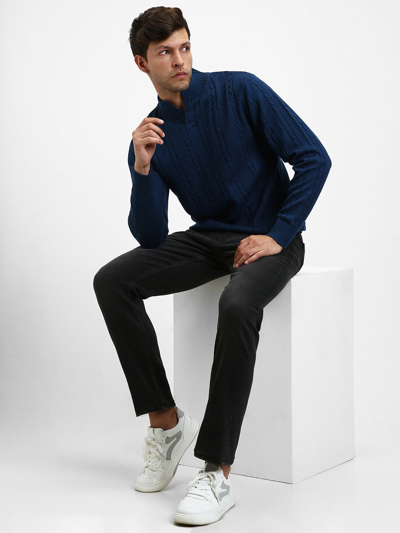 Men's Mock Regular Fit Cable Petrol Blue Sweater