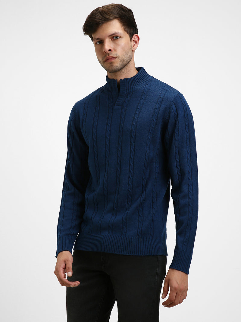 Men's Mock Regular Fit Cable Petrol Blue Sweater