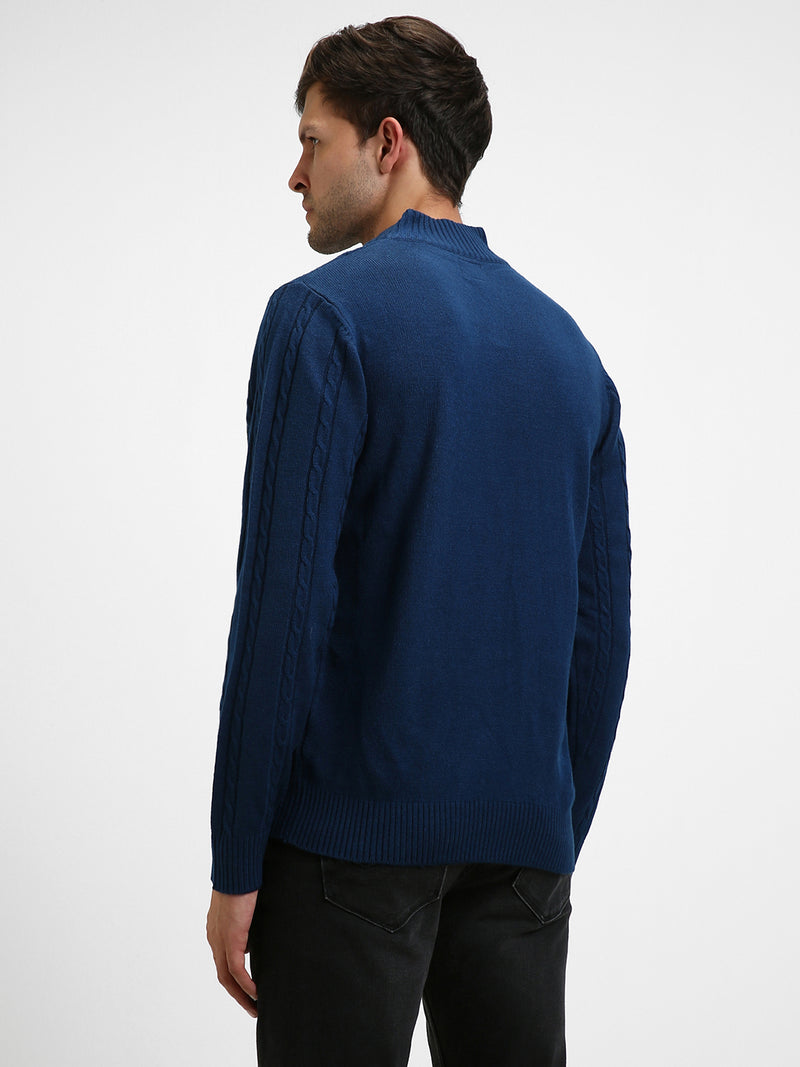 Men's Mock Regular Fit Cable Petrol Blue Sweater