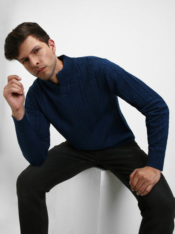 Men's Mock Regular Fit Cable Petrol Blue Sweater