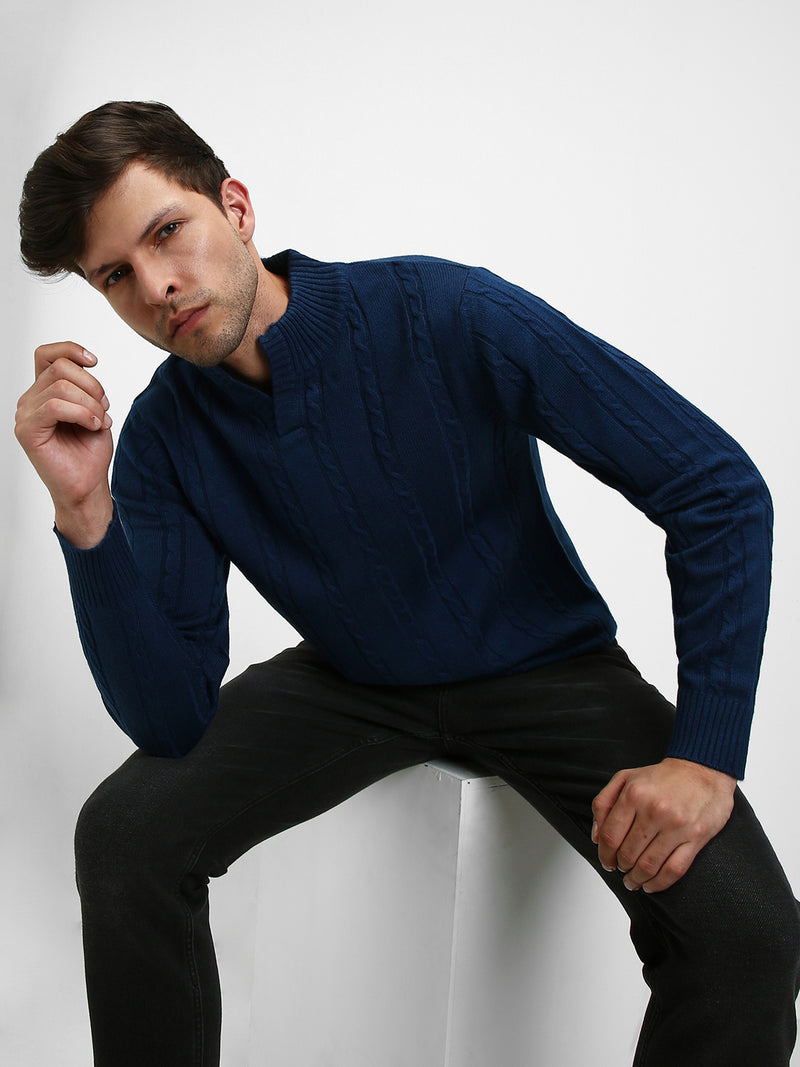 Men's Mock Regular Fit Cable Petrol Blue Sweater