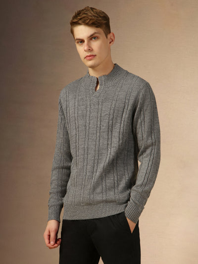 Men's Grey Mock Neck Full Sleeves Slim Fit Pullover Sweater