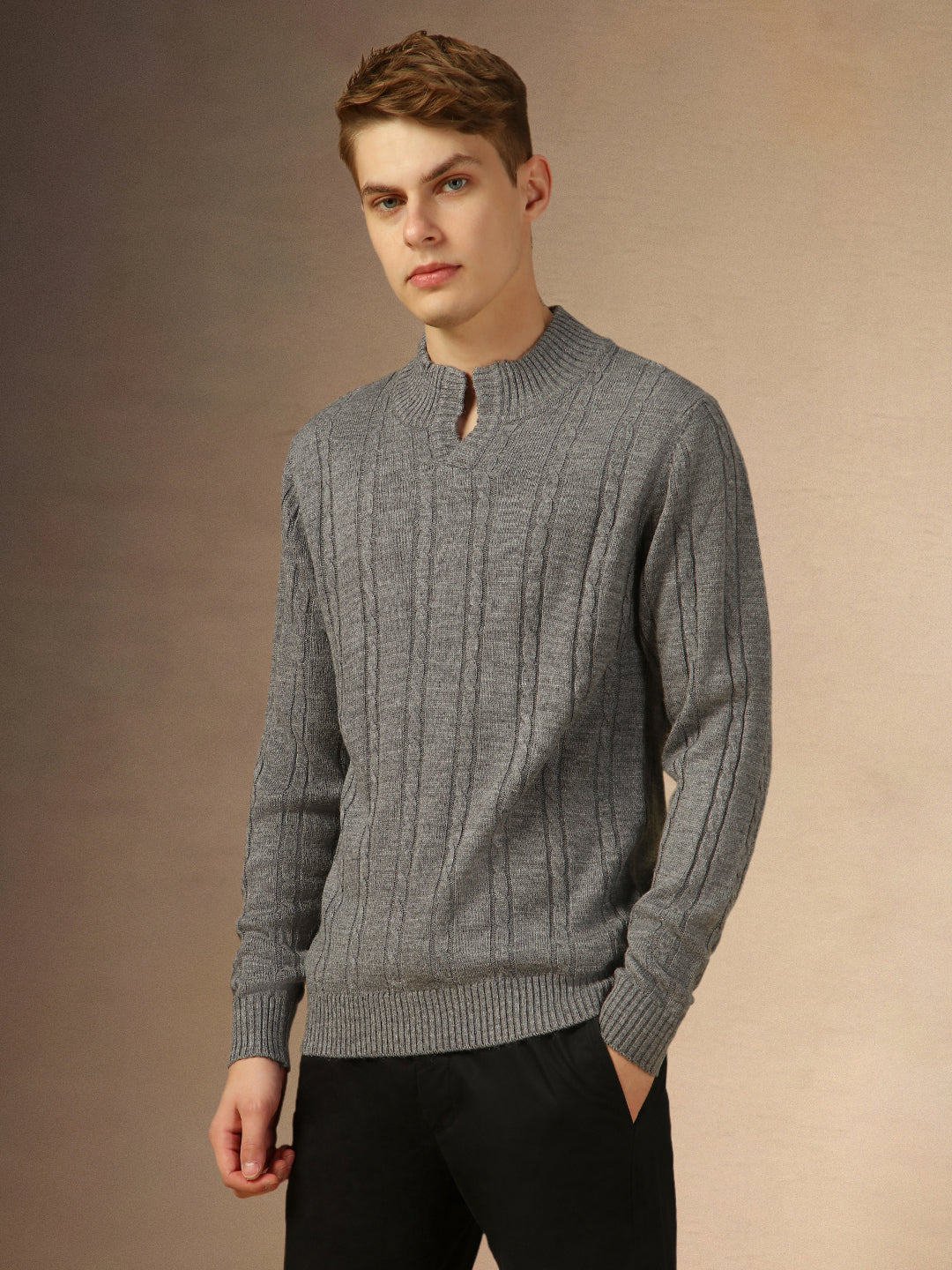 Men's Grey Mock Neck Full Sleeves Slim Fit Pullover Sweater