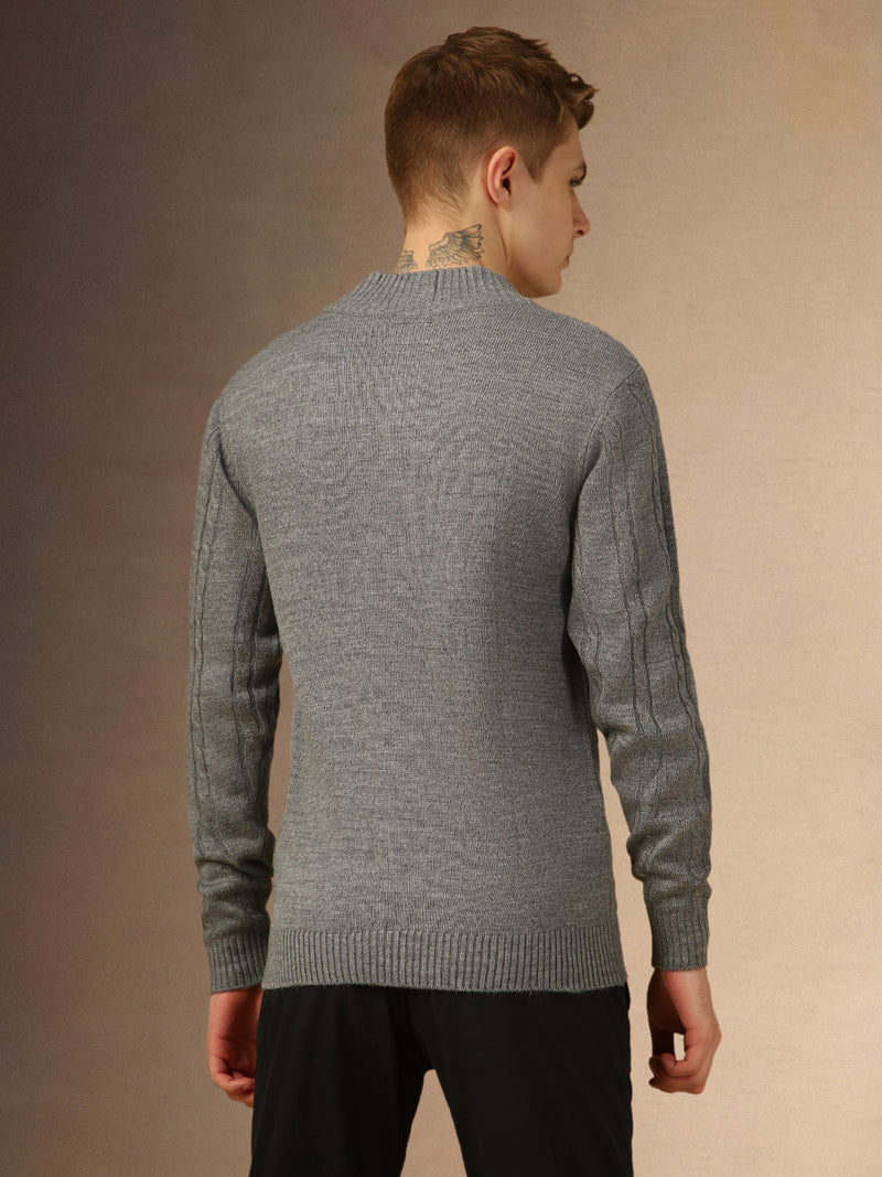 Men's Grey Mock Neck Full Sleeves Slim Fit Pullover Sweater