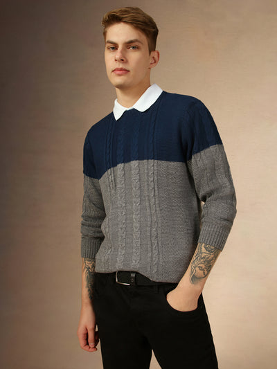 Men's Navy Crew Neck Full Sleeves Slim Fit Pullover Sweater