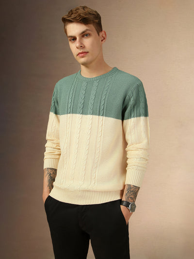 Men's Sage Green Crew Neck Full Sleeves Slim Fit Pullover Sweater