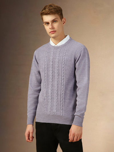 Men's Lavender Crew Neck Full Sleeves Slim Fit Pullover Sweater