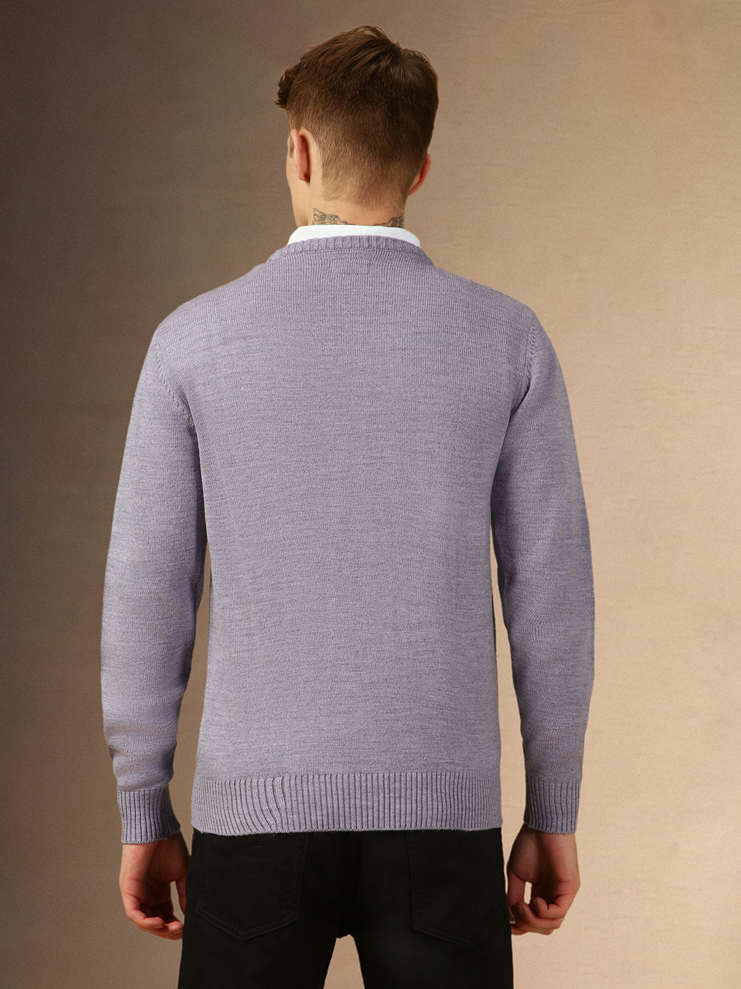 Men's Lavender Crew Neck Full Sleeves Slim Fit Pullover Sweater