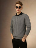 Men's Grey Crew Neck Full Sleeves Slim Fit Pullover Sweater