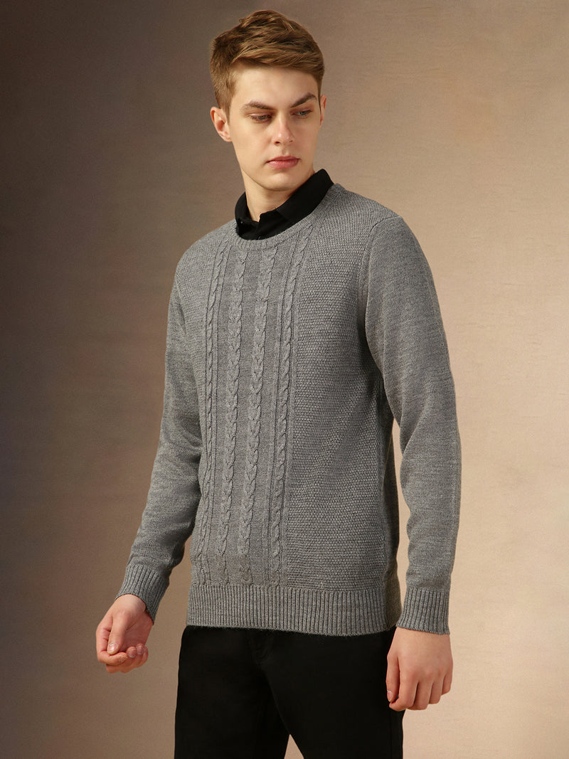 Men's Grey Crew Neck Full Sleeves Slim Fit Pullover Sweater