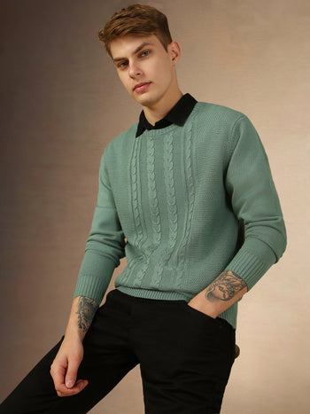 Men's Sage Green Crew Neck Full Sleeves Slim Fit Pullover Sweater