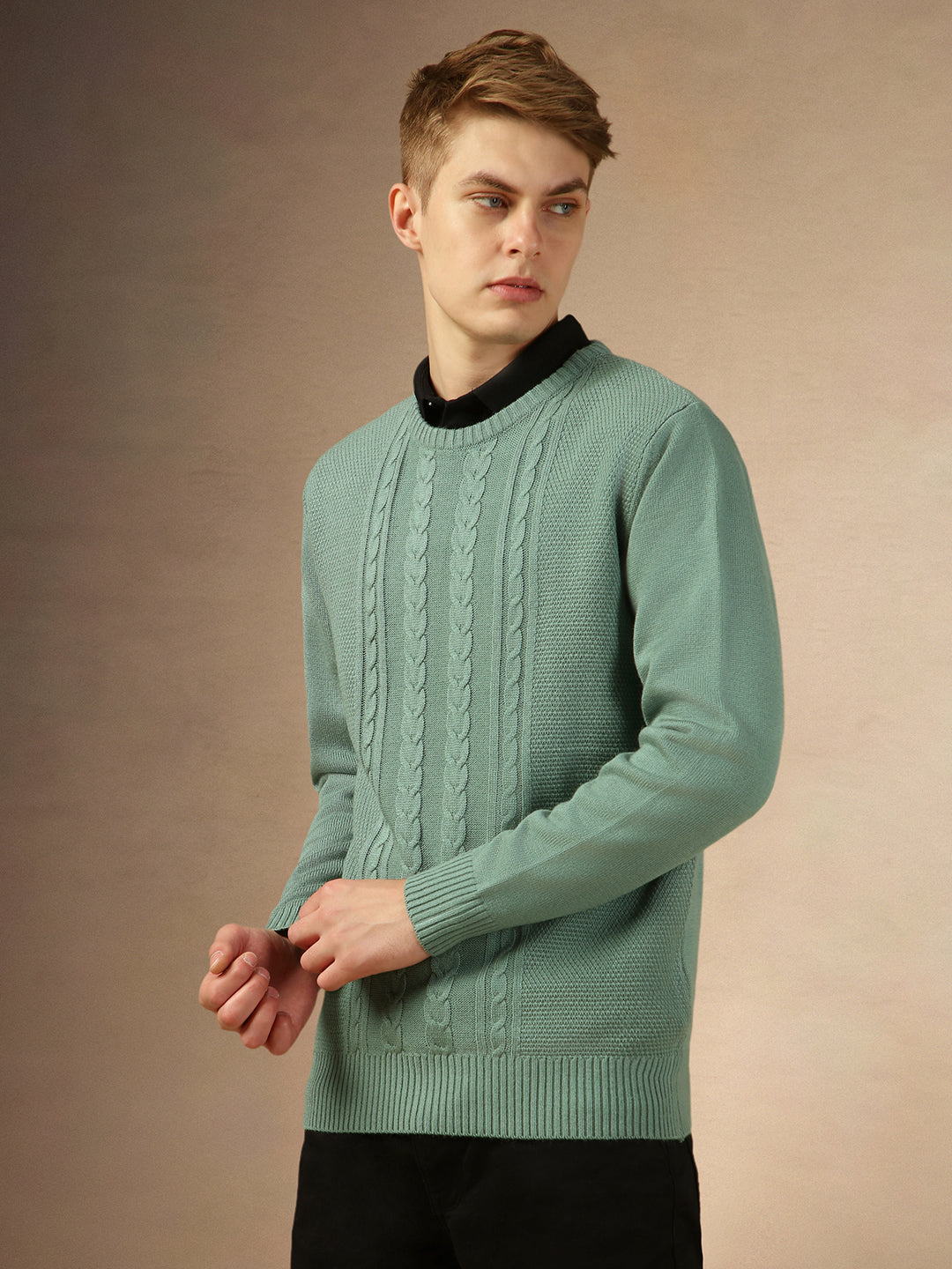 Men's Sage Green Crew Neck Full Sleeves Slim Fit Pullover Sweater