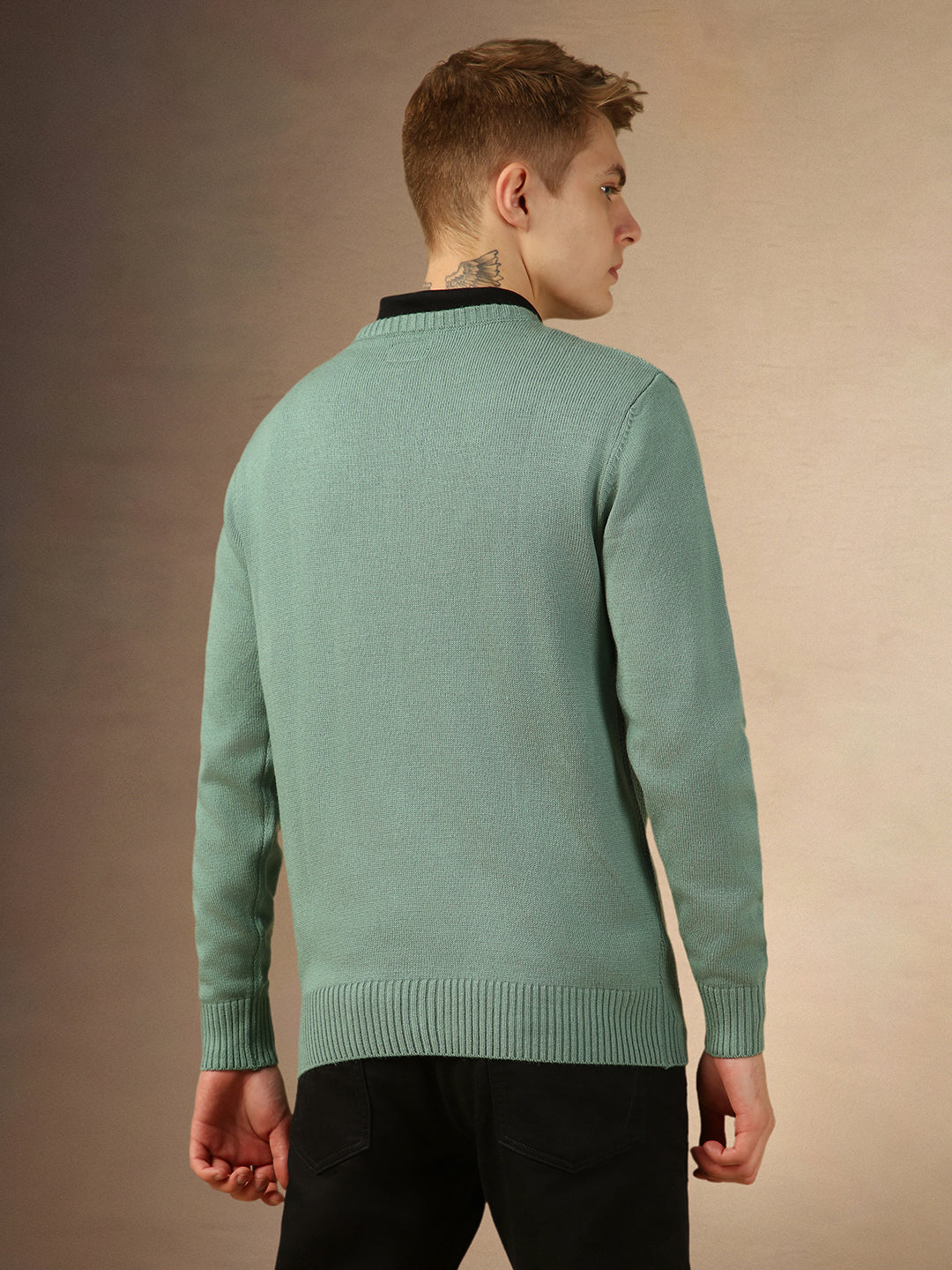 Men's Sage Green Crew Neck Full Sleeves Slim Fit Pullover Sweater