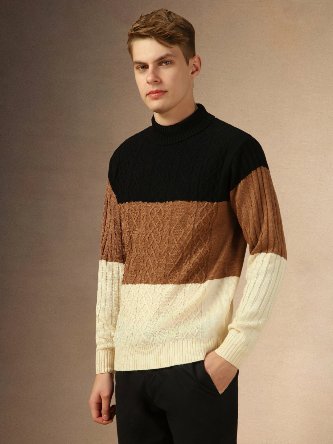 Men's Beige Crew Neck Full Sleeves Slim Fit Pullover Sweater