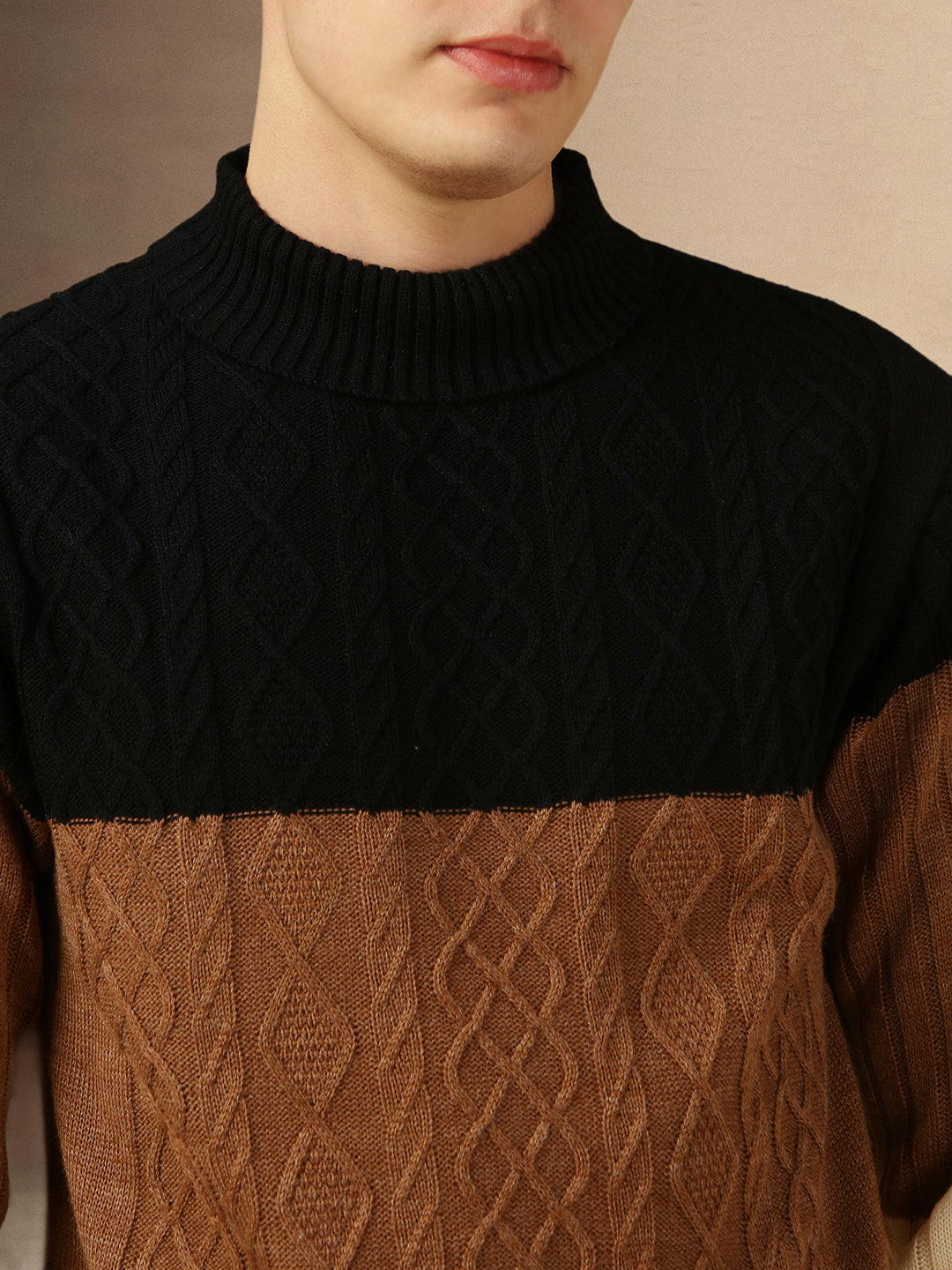 Men's Beige Crew Neck Full Sleeves Slim Fit Pullover Sweater