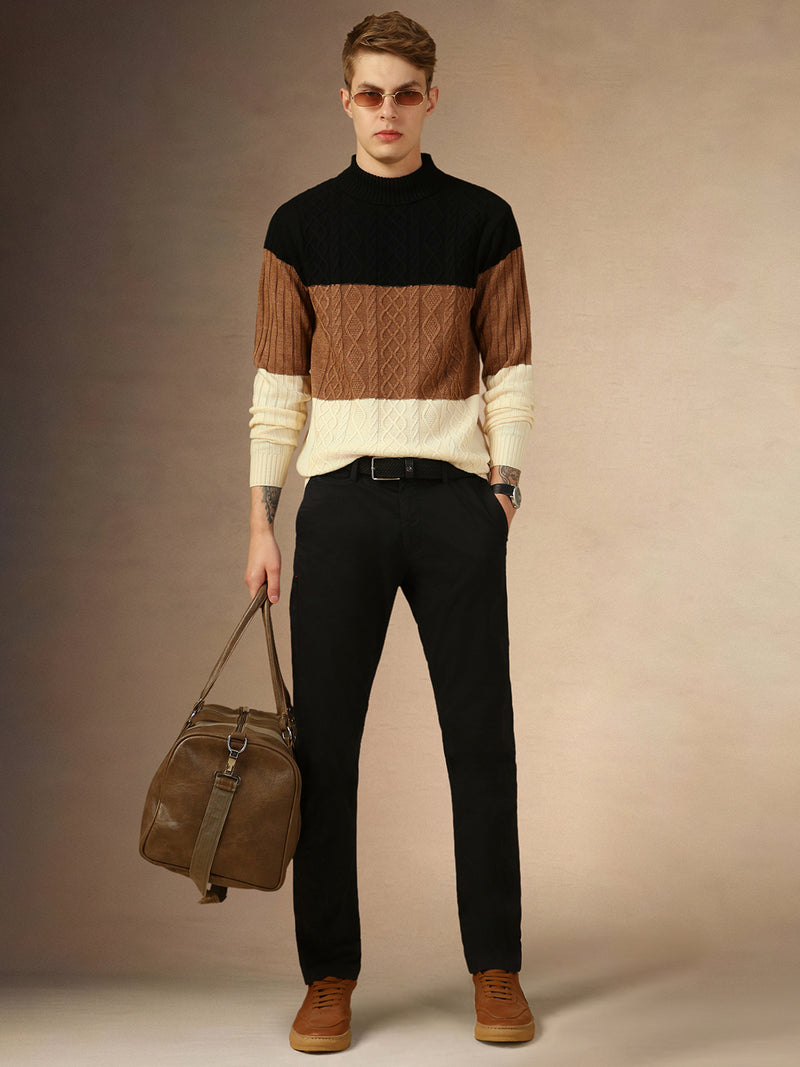 Men's Beige Crew Neck Full Sleeves Slim Fit Pullover Sweater