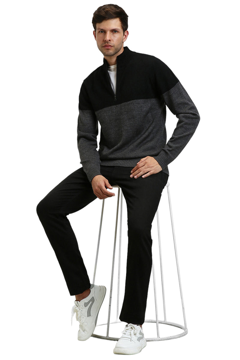 Men's Mock Regular Fit Colourblock Black Sweater