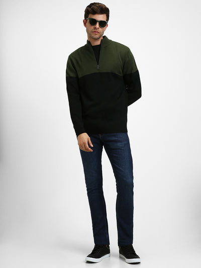 Men's Mock Regular Fit Colourblock Olive Sweater