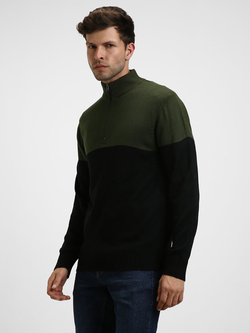 Men's Mock Regular Fit Colourblock Olive Sweater