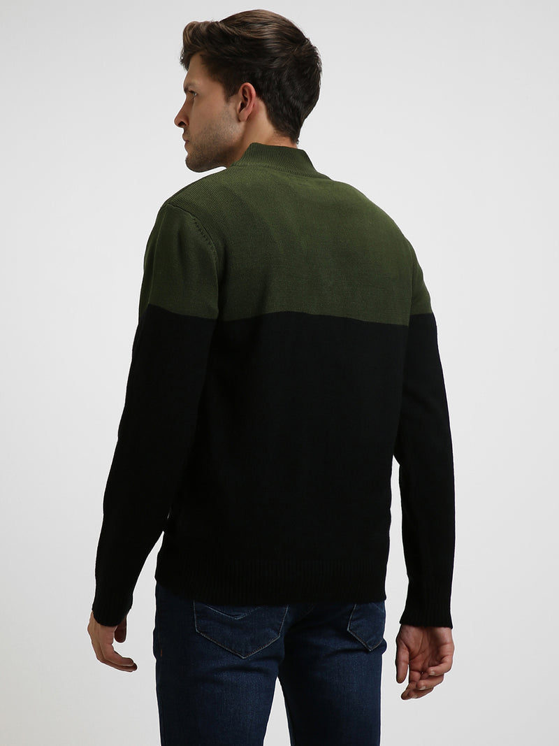 Men's Mock Regular Fit Colourblock Olive Sweater