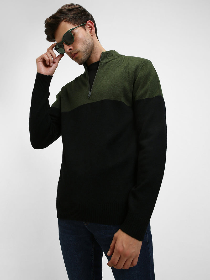 Men's Mock Regular Fit Colourblock Olive Sweater