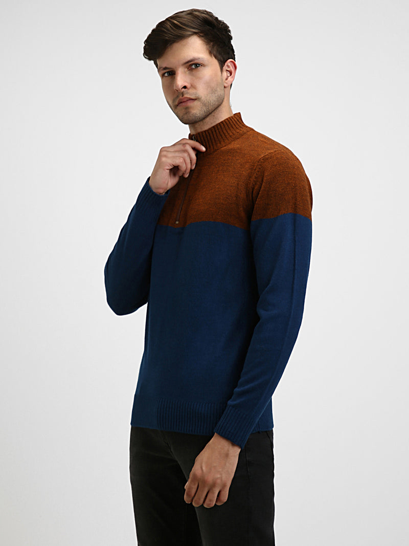 Men's Mock Regular Fit Colourblock Rust Sweater