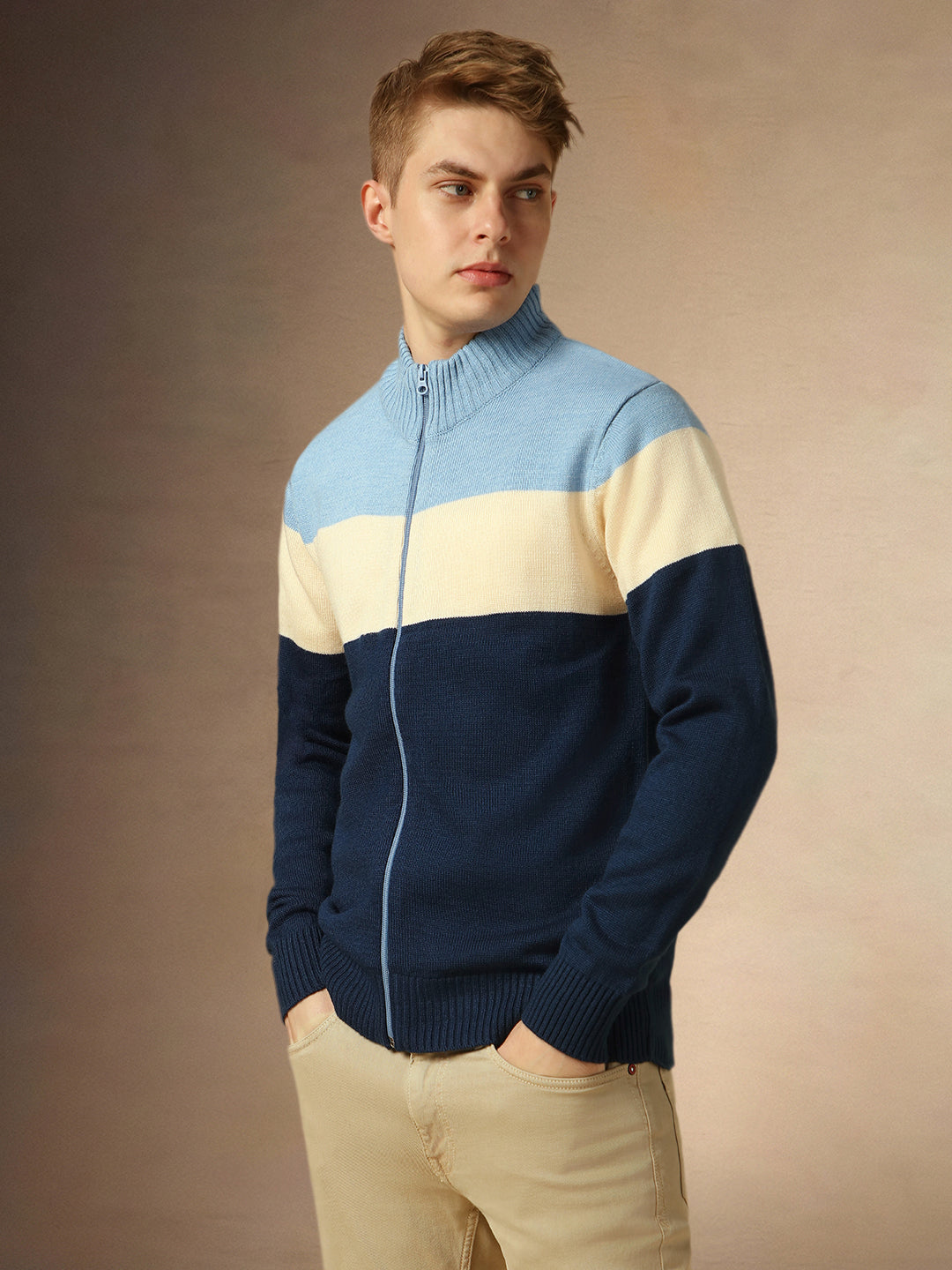 Men's Blue Mock Neck Full Sleeves Slim Fit Pullover Sweater