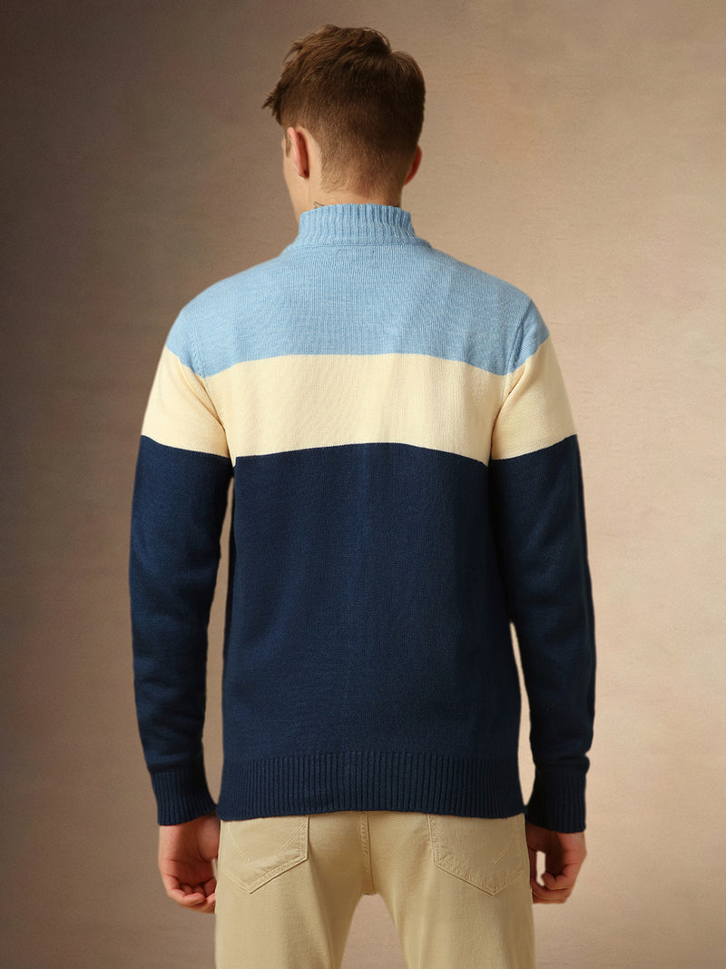 Men's Blue Mock Neck Full Sleeves Slim Fit Pullover Sweater