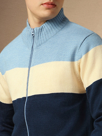 Men's Blue Mock Neck Full Sleeves Slim Fit Pullover Sweater