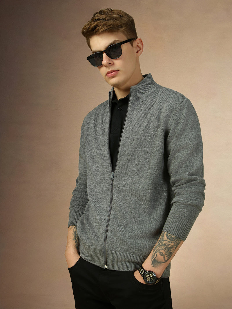 Men's Grey Mock Neck Full Sleeves Slim Fit Pullover Sweater