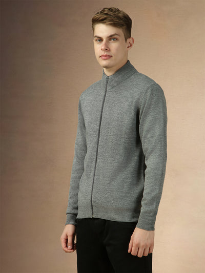 Men's Grey Mock Neck Full Sleeves Slim Fit Pullover Sweater