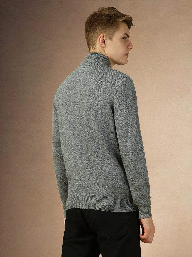 Men's Grey Mock Neck Full Sleeves Slim Fit Pullover Sweater