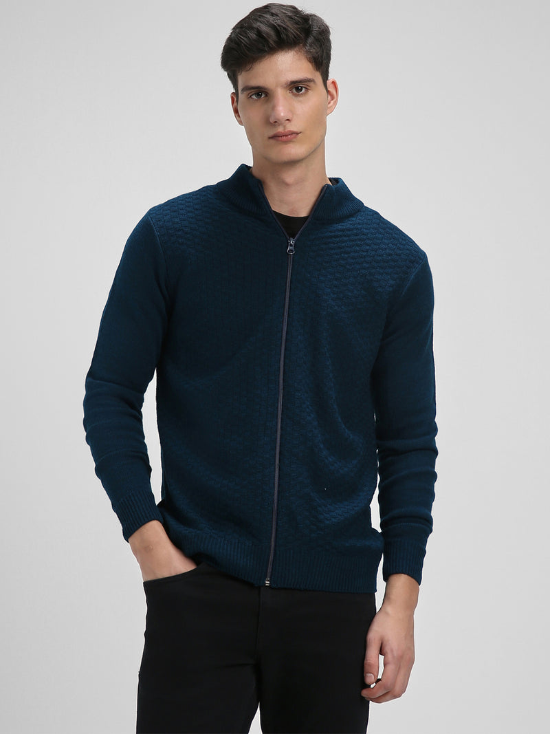 Dennis Lingo Men's Mock Regular Fit Solid Petrol Blue Sweater