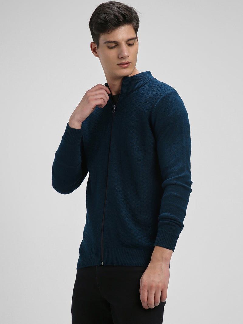 Dennis Lingo Men's Mock Regular Fit Solid Petrol Blue Sweater
