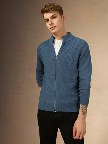 Men's Mid Blue Mock Neck Full Sleeves Slim Fit Pullover Sweater